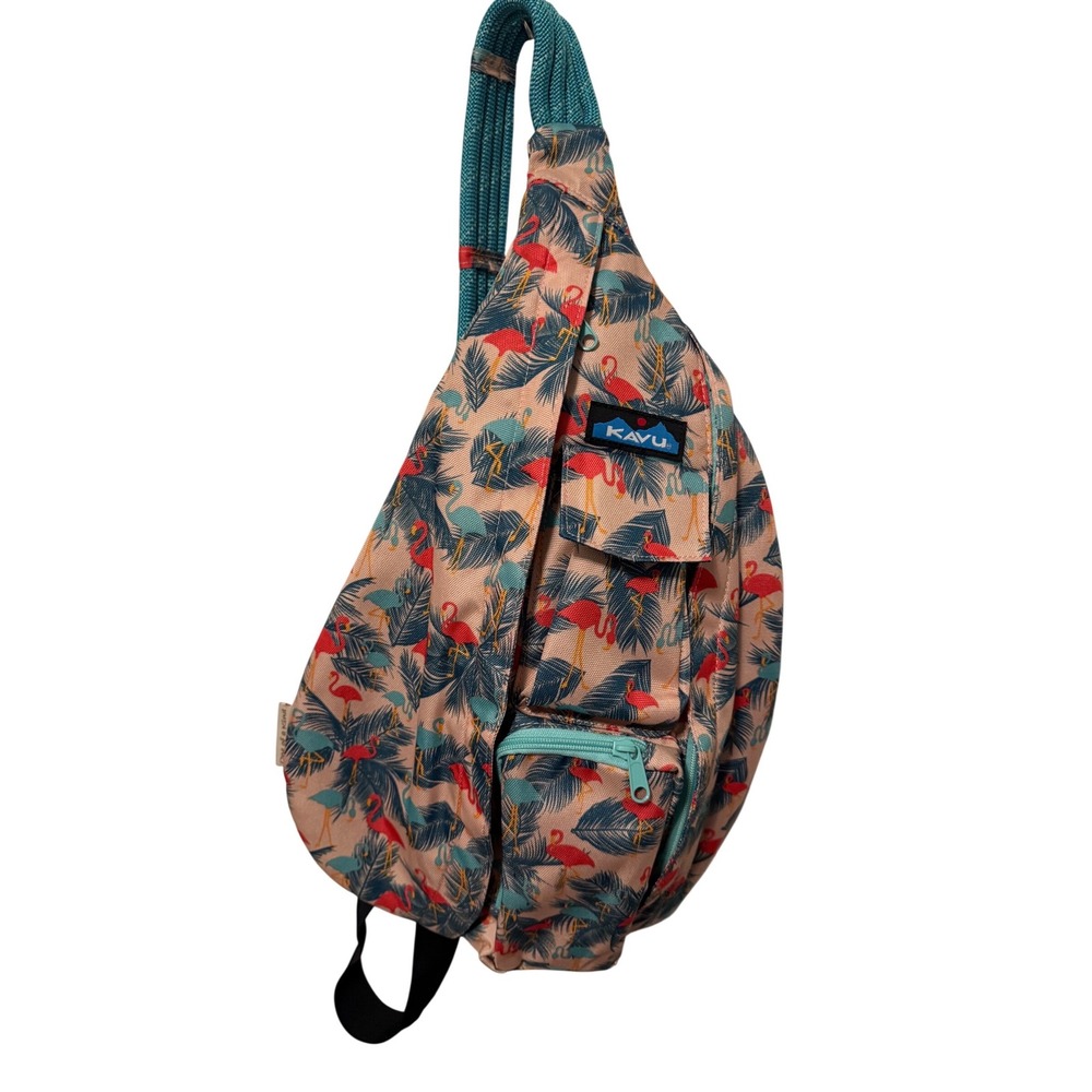 KAVU Rope Bag Flamingo Palm Print Pink Teal Canvas Sling Crossbody Backpack